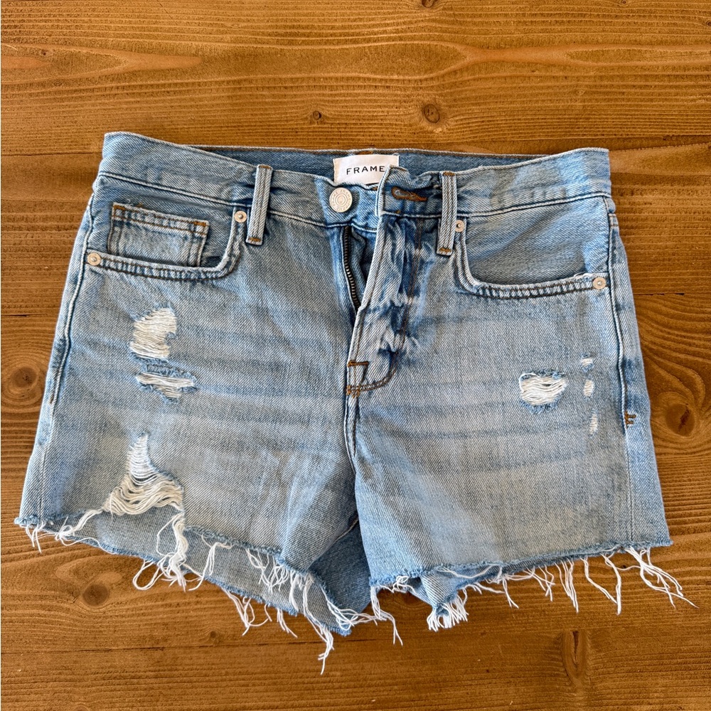 Frame Denim Light Wash Distressed Jean Cutoff Shorts